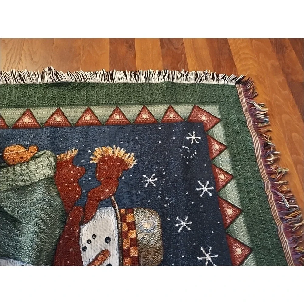 Snowman Winter Blanket Snowflakes Throw Fringed Vintage 51 X 58  2 Throw Pillows